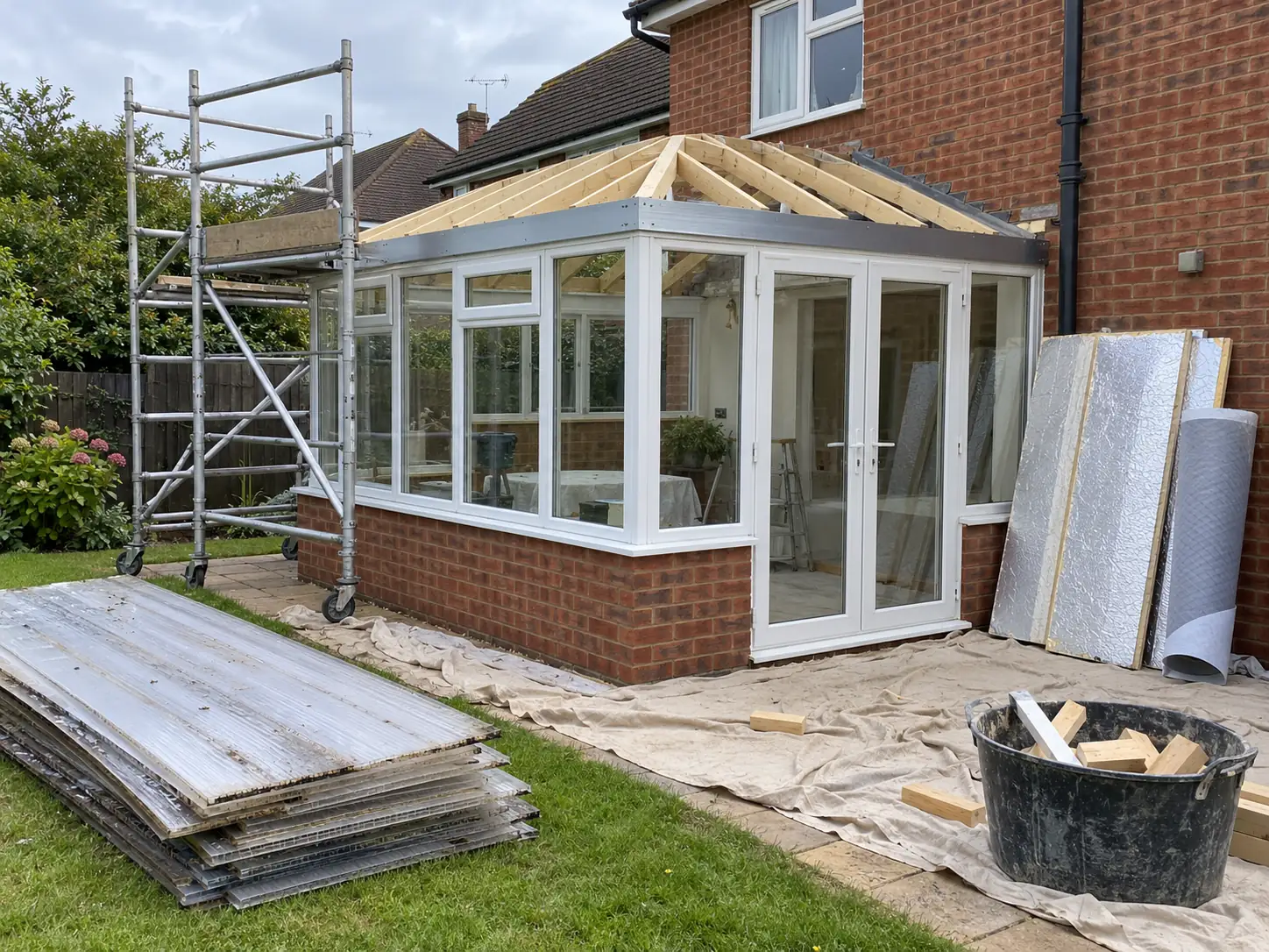 A conservatory part-way through a roof change: bare timber rafters over the white frames, old roof sheets stacked on the lawn, foil-faced insulation boards against the wall and a scaffold tower beside it