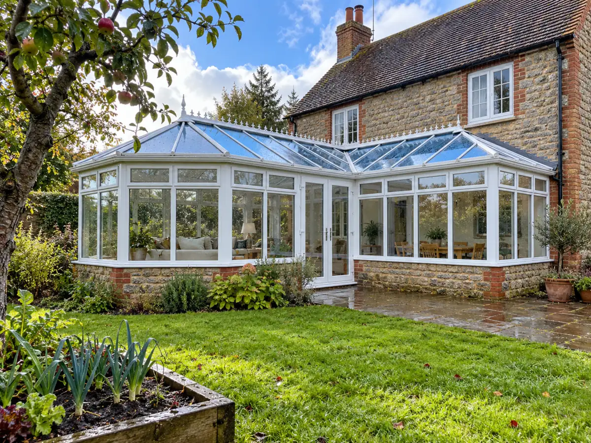 An L-shaped white conservatory with a new blue-tinted glass roof and decorative ridge cresting, on a cottage of ragstone and red brick, with an apple tree and a raised vegetable bed in front