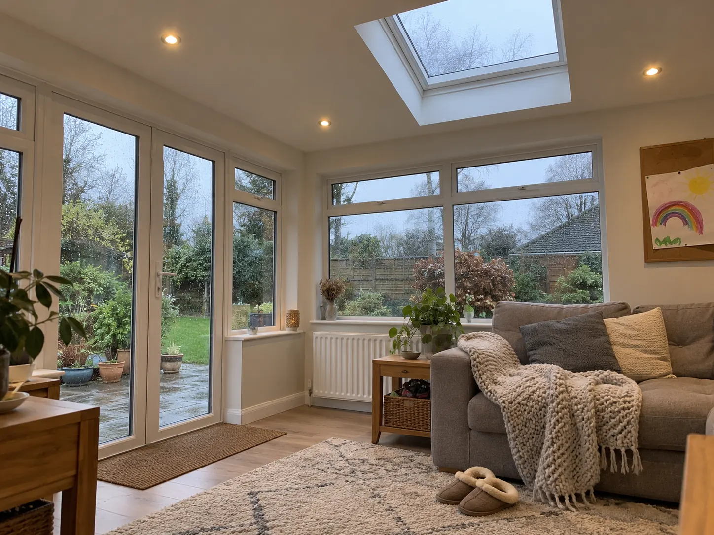 A conservatory turned family room under a smooth white ceiling with downlights and a roof window, a grey sofa with a knitted throw, a child&rsquo;s rainbow drawing on a corkboard and a wet winter garden beyond