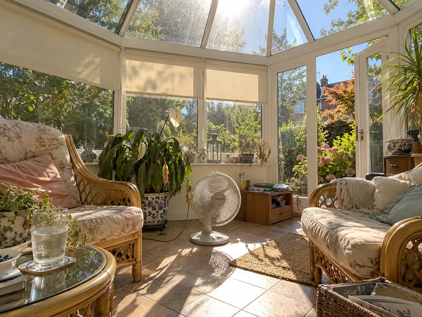 Inside a glass-roofed conservatory on a bright summer day, with glare through the roof, a drooping peace lily, a floor fan, faded floral cushions on cane chairs and blinds half down