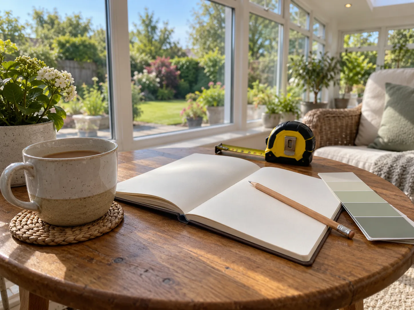 A mug of tea, an open blank notebook with a pencil, a tape measure and a strip of paint colour samples on a round wooden table in a bright conservatory